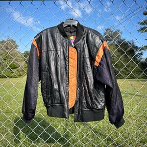 Vintage Black & Orange Leather Bomber Jacket